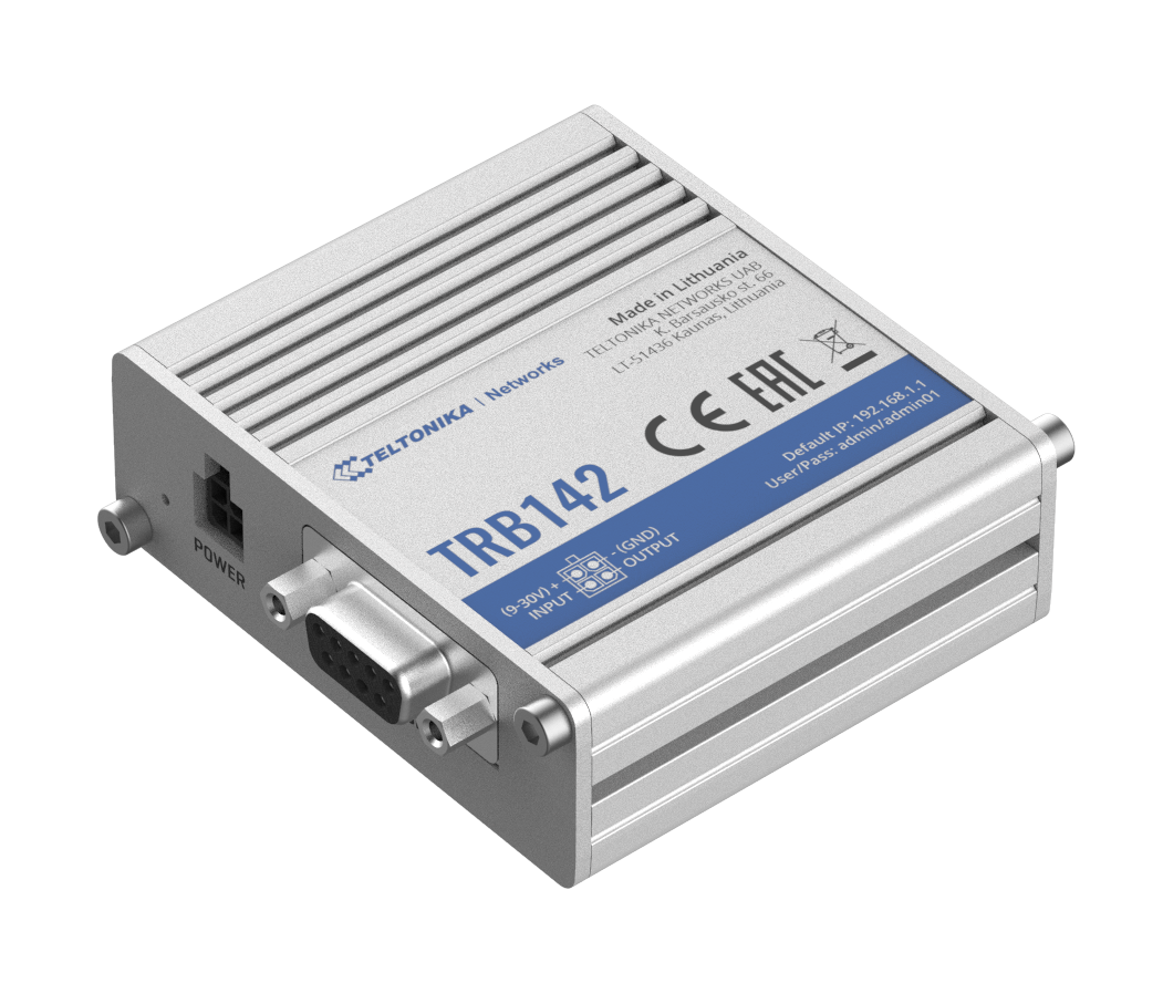 Teltonika TRB142003000 Gateway, 2G/3G/4G LTE (Cat 1), Equipped with RS232 for serial communication - Teltonika - LTE Gateway - TRB142 - No Wi-Fi - Ethernet LAN (RJ-45) ports 0 - Mesh Support No - MU-MiMO No - 2G/3G/4G - Antenna type 1 x SMA for LTE - 1 x 