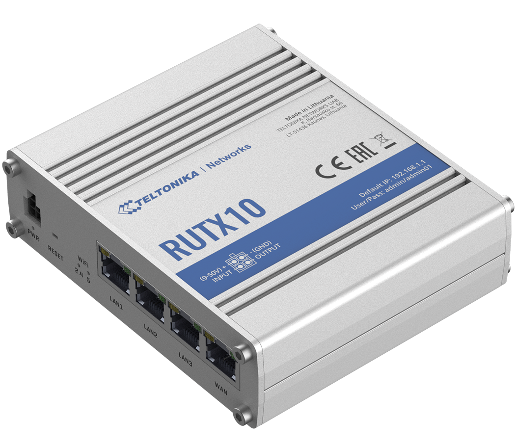 Teltonika - Industrial Router - RUTX10 - 802.11ac - 867 Mbit/s - 10/100/1000 Mbit/s - Ethernet LAN (RJ-45) ports 4 - Mesh Support No - MU-MiMO No - No mobile broadband - 1 - 24 month(s)
