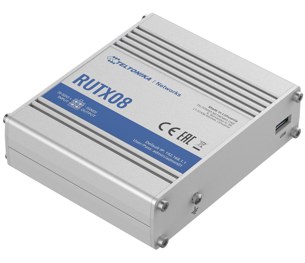 Teltonika - Industrial Router - RUTX08 - No Wi-Fi - 10/100/1000 Mbit/s - Ethernet LAN (RJ-45) ports 4 - Mesh Support No - MU-MiMO No - No mobile broadband - 1 - 24 month(s)