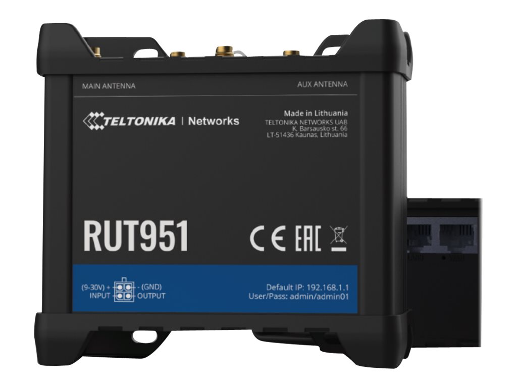 Teltonika - Industrial Cellular router - RUT951 - 802.11n - 10/100 Mbit/s - Ethernet LAN (RJ-45) ports 3 - Mesh Support No - MU-MiMO No - 2G/3G/4G - Antenna type 	2 x SMA for LTE, 2 x RP-SMA