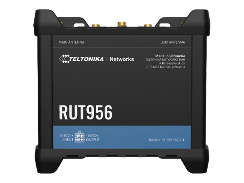 Teltonika - Industrial Router - RUT956 - 802.11n - 10/100 Mbit/s - Ethernet LAN (RJ-45) ports 4 - Mesh Support No - MU-MiMO No - 2G/3G/4G - Antenna type 	2 x SMA for LTE, 2 x RP-SMA for WiFi, 1 x SMA for GNSS - 1x USB 2.0