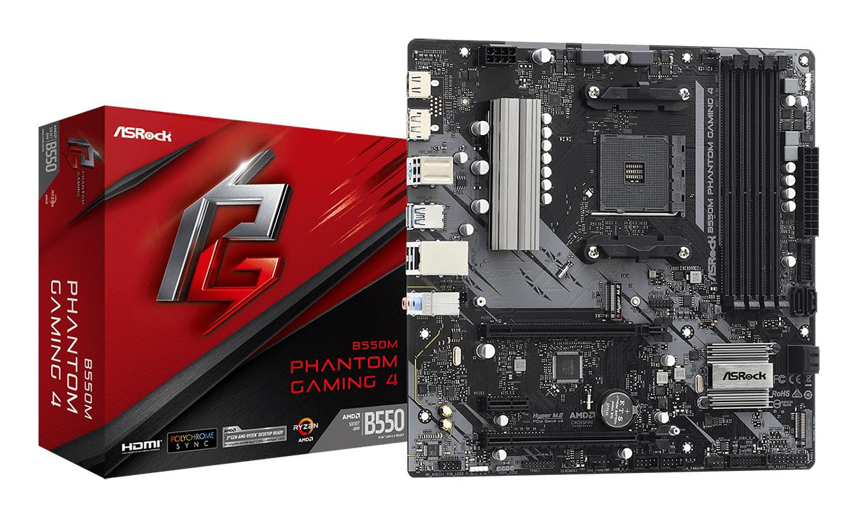 Mainboard|ASROCK|AMD B550|SAM4|MicroATX|1xPCI-Express 3.0 1x|1xPCI-Express 3.0 4x|2xM.2|1xPCI-Express 4.0 16x|Memory DDR4|Memory slots 4|1xHDMI|1xDisplayPort|2xAudio-In|1xAudio-Out|2xUSB 2.0|4xUSB 3.2|1xPS/2|1xRJ45|B550MPHANTOMGAMING4