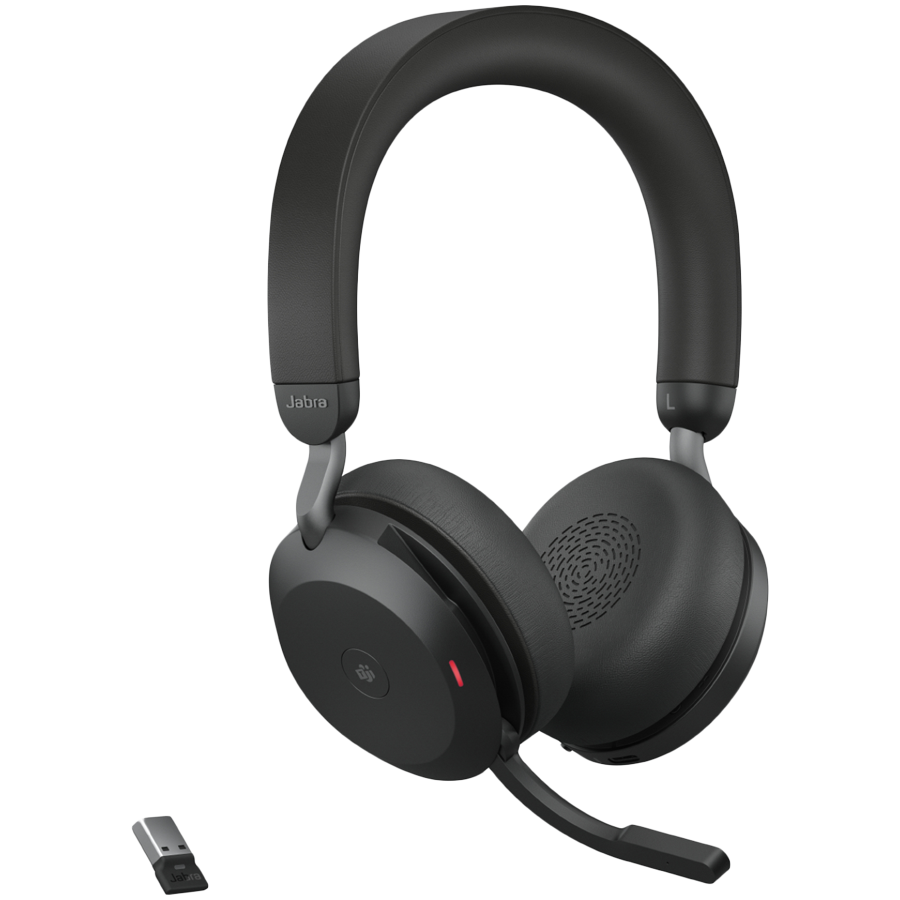 JABRA EVOLVE2 75, Link380a MS Stereo Stand Black, EVOLVE2 75 headset Black MS, Link 380 BT adapter USB-A MS, EVOLVE2 75 Deskstand USB-A,1.2m USB-C to USB-A cable, carry pouch, warranty and warning (safety leaflets)