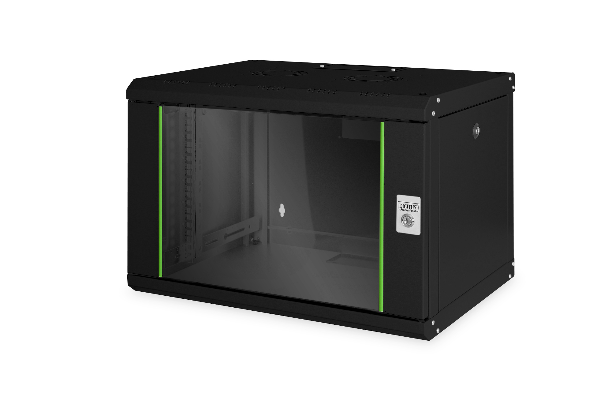 Digitus - Wall Mounting Cabinet - DN-19 07-U-SW - IP protection class: IP20; Front door: Glass door, single opening; Cabinet type: Wall mounting cabinet; Equipment mounting depth min.-max.: 305-370 mm; Load capacity: 100 kg; Dimensions 420 x 600 x 450 mm,