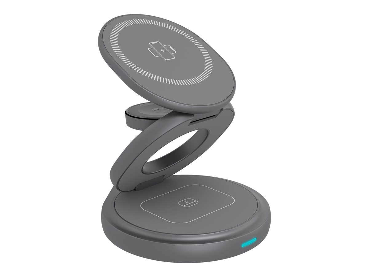 Raidsonic 3 in 1 foldable magnetic charging stand for mobile phone, earpods and smartwatch, Aluminium - Icy Box IB-SH101-CH