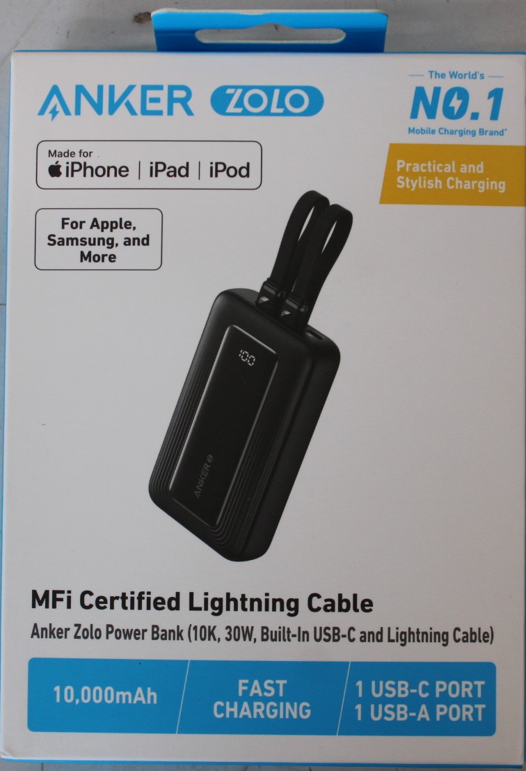 SALE OUT. - Anker Power Bank - A1680G11 - 10000 mAh - USB-C 30W, Lightning 27W - Built-In USB-C and Lightning Cables - Black - DEMO