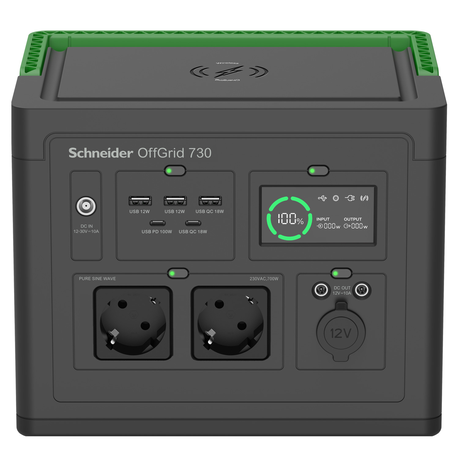 Schneider Electric OffGrid Portable Power Station 730, 738Wh Lithium-ion, LCD, 2 CEE 7/3 Schuko outlets, Sinewave, 3 USB-A, 2 USB-C, Wireless Charger - PPS730-GR