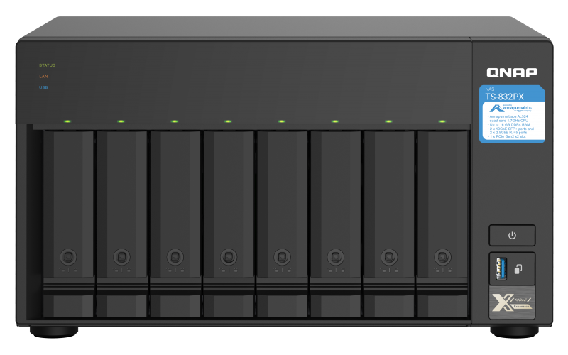 QNAP - 8-Bay QTS NAS - TS-832PX-4G - Up to 8 HDD/SSD Hot-Swap - AnnapurnaLabs Alpine - AL324 ARM Cortex-A57 Quad-Core - Processor frequency 1.7 GHz - 4 GB - DDR4