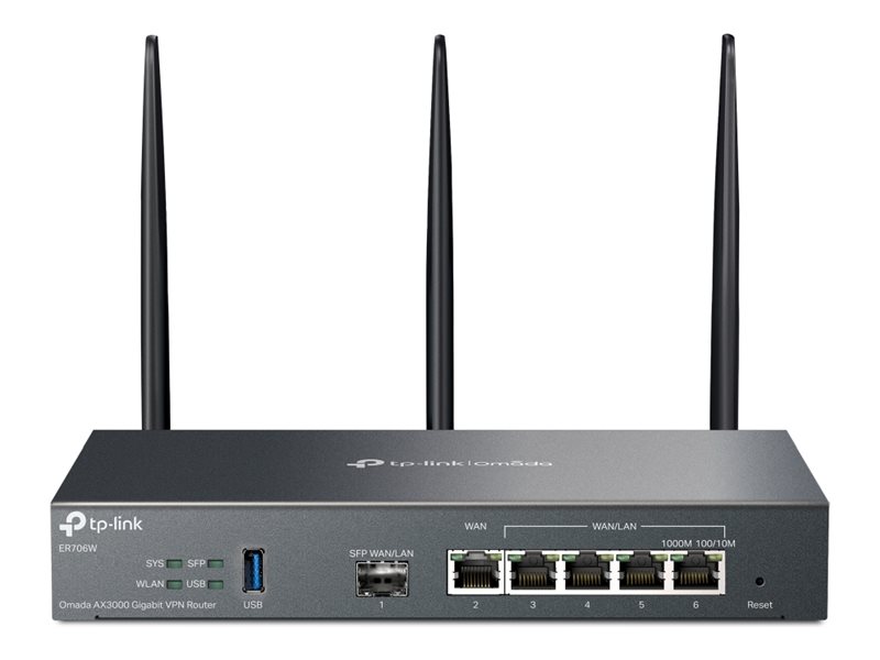 TP-LINK - SafeStream Gigabit Multi-WAN VPN Router - ER706W - 802.1q - Ethernet LAN (RJ-45) ports 1× Gigabit SFP WAN Port, 1× Gigabit RJ45 WAN Port, 2x  Gigabit RJ45 LAN Ports 2× Gigabit WAN/LAN RJ45 Ports - Mesh Support Yes - MU-MiMO Yes - 3G/4G via optio