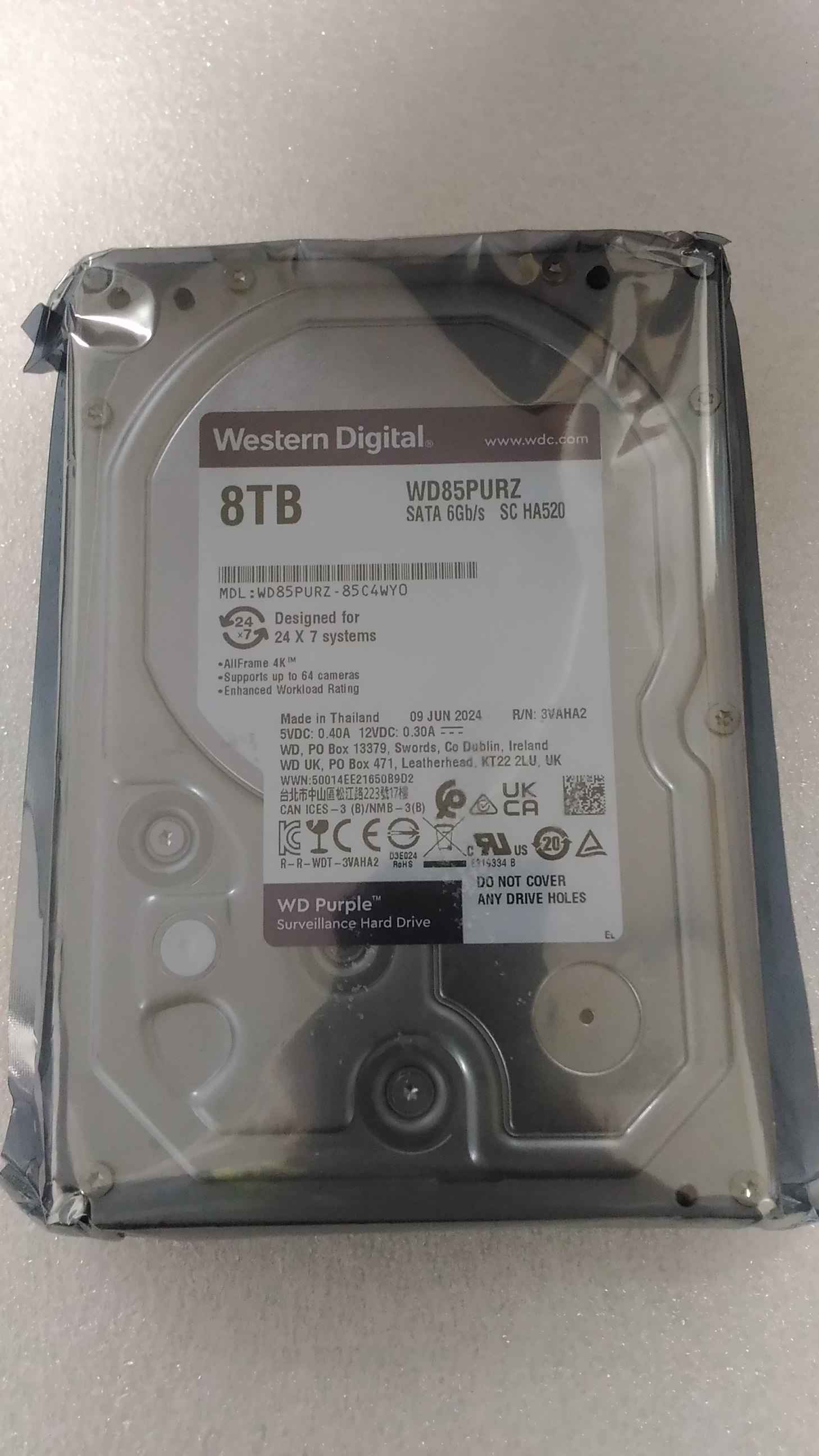 SALE OUT. - Western Digital Surveillance Hard Drive - Purple Surveillance WD85PURZ - 5640 RPM - 8000 GB - REFURBISHED