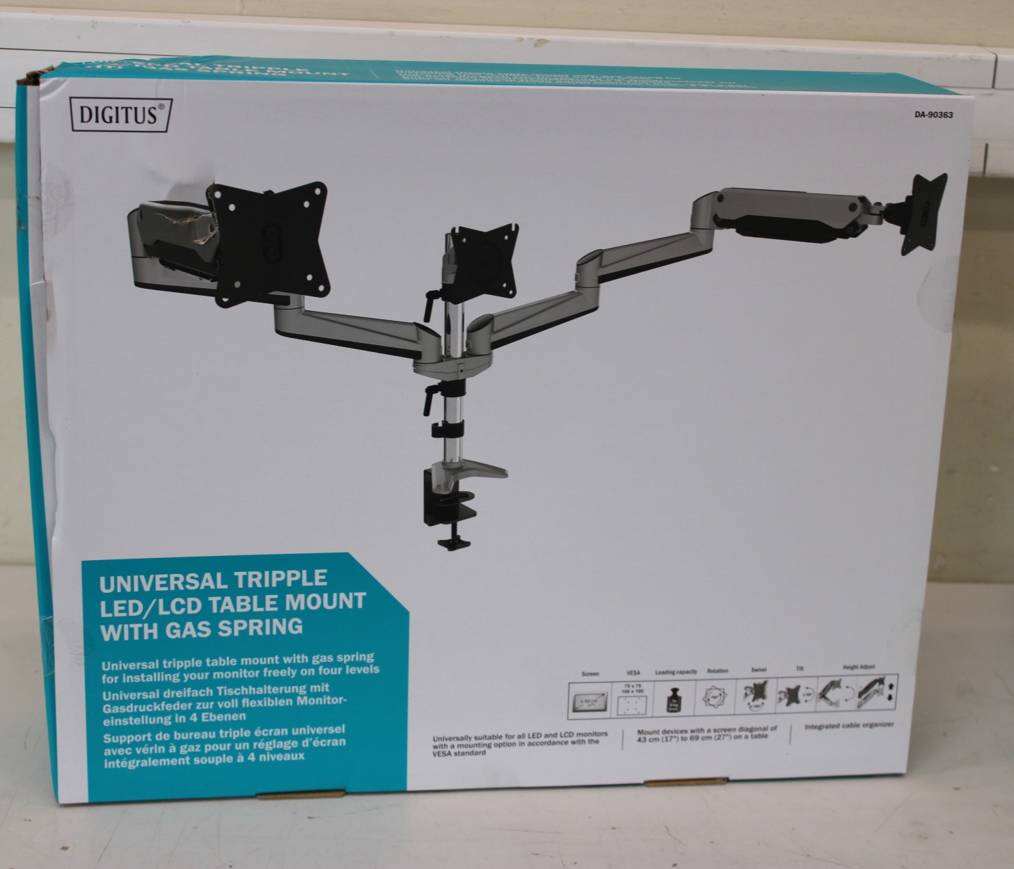 SALE OUT. DIGITUS Triple monitor mount, 3x 27", 3x 6 kg - Digitus Desk Mount - Triple Monitor Gas Spring Mount DA-90363 - Adjustable Height, Tilt, Swivel - 15-27 " - Maximum weight (capacity) 3x6 kg - DAMAGED PACKAGING - Silver