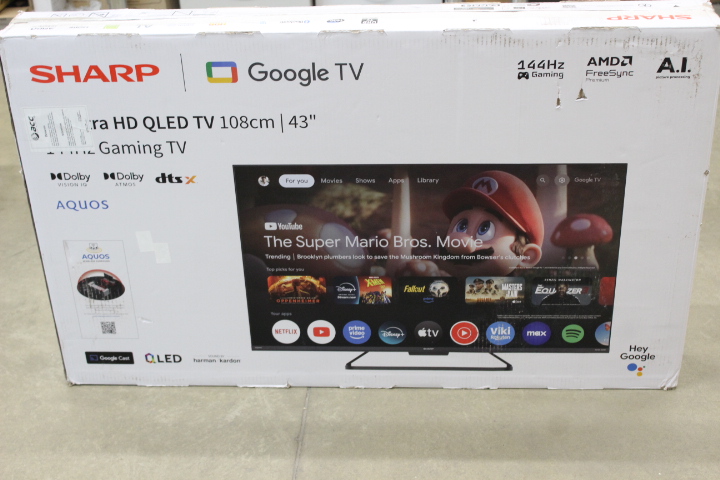 SALE OUT. Sharp 43HR7265E 43" (108cm) QLED 144Hz 4K Ultra HD Google TV, Dolby Vision IQ, Dolby Atmos, Central Stand - Sharp 43HR7265E - 43 - Smart TV - Google TV - Black - DAMAGED PACKAGING