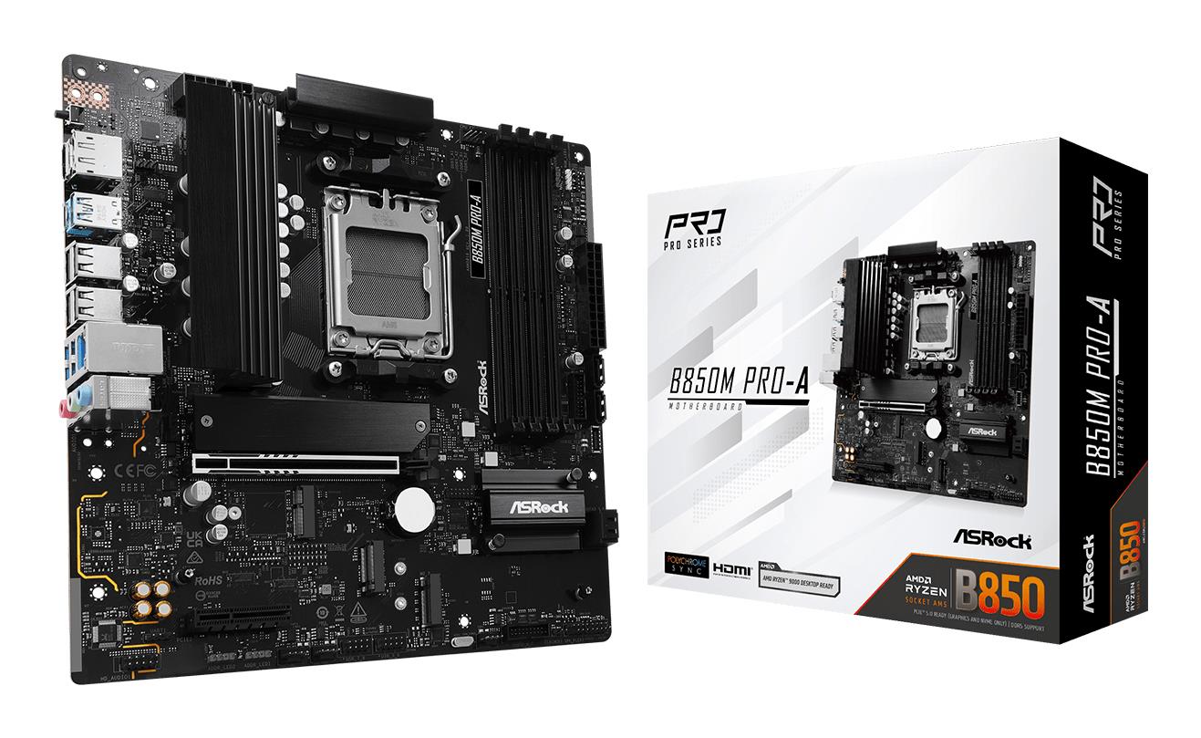 Mainboard|ASROCK|AMD B850|SAM5|Micro-ATX|Memory DDR5|Memory slots 4|1xPCI-Express 4.0 4x	|1xPCI-Express 5.0 16x|1xM.2|1xHDMI|1xDisplayPort|1xAudio-In|1xAudio-Out|1xMicrophone|4xUSB 2.0|3xUSB 3.2|1xUSB-C|1xRJ45|B850MPRO-A