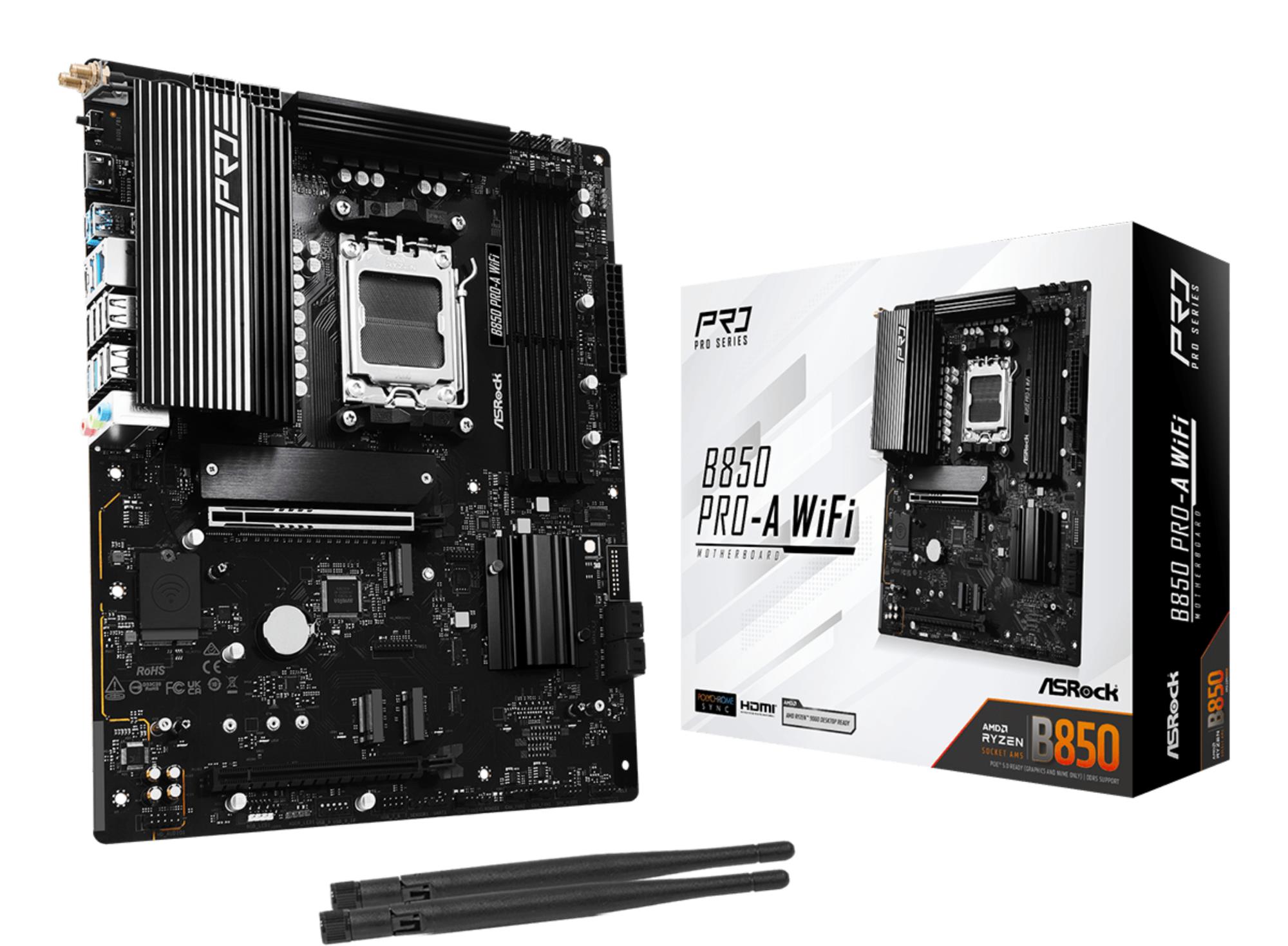 Mainboard|ASROCK|AMD B850|SAM5|ATX|Memory DDR5|Memory slots 4|1xPCI-Express 4.0 16x|1xPCI-Express 5.0 16x|1xM.2|1xHDMI|1xAudio-In|1xAudio-Out|1xMicrophone|6xUSB 2.0|4xUSB 3.2|1xUSB-C|1xRJ45|B850PRO-AWIFI
