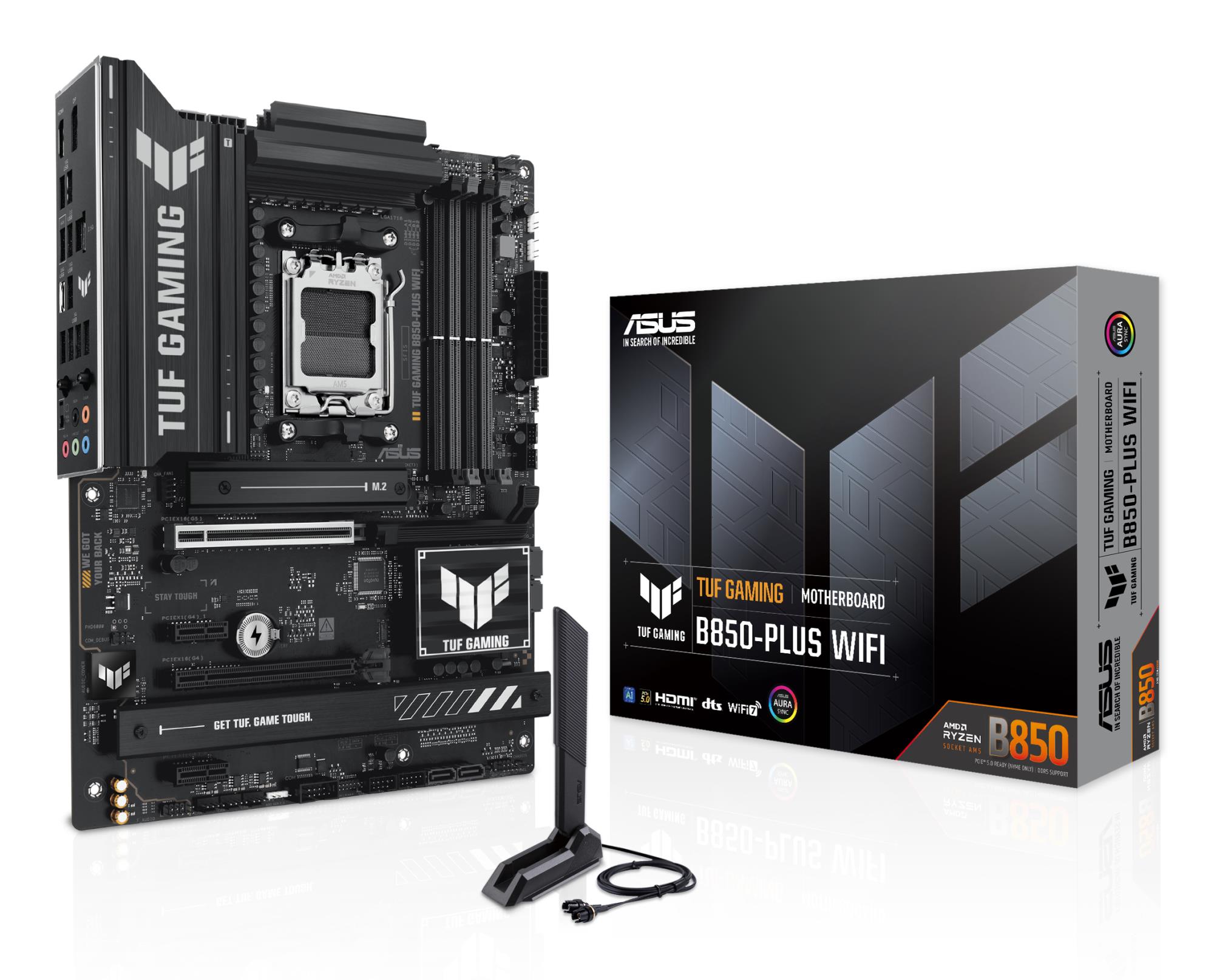 Mainboard|ASUS|AMD B850|SAM5|ATX|Memory DDR5|Memory slots 4|2xPCI-Express 4.0 1x|1xPCI-Express 4.0 16x|1xPCI-Express 5.0 16x|3xM.2|1xHDMI|1xDisplayPort|2xUSB 2.0|4xUSB 3.1|3xUSB 3.2|1xUSB-C|1xRJ45|5xAudio port|TUFGAMINGB850-PLUSWIFI
