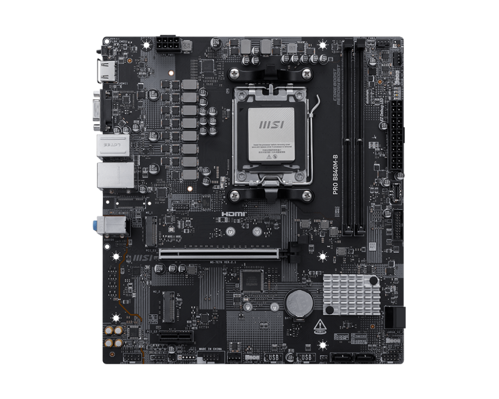 MSI PRO B840M-B - Processor family AMD - Processor socket AM5 - DDR5 - Supported hard disk drive interfaces SATA, M.2 - Number of SATA connectors 4