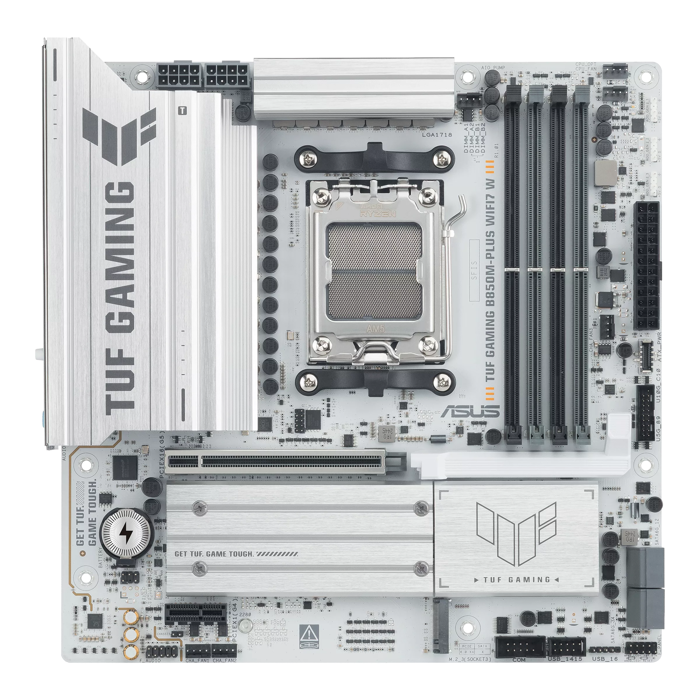 Asus TUF GAMING B850M-PLUS WIFI7 W - Processor family AMD - Processor socket AM5 - DDR5 - Supported hard disk drive interfaces SATA, M.2 - Number of SATA connectors 4