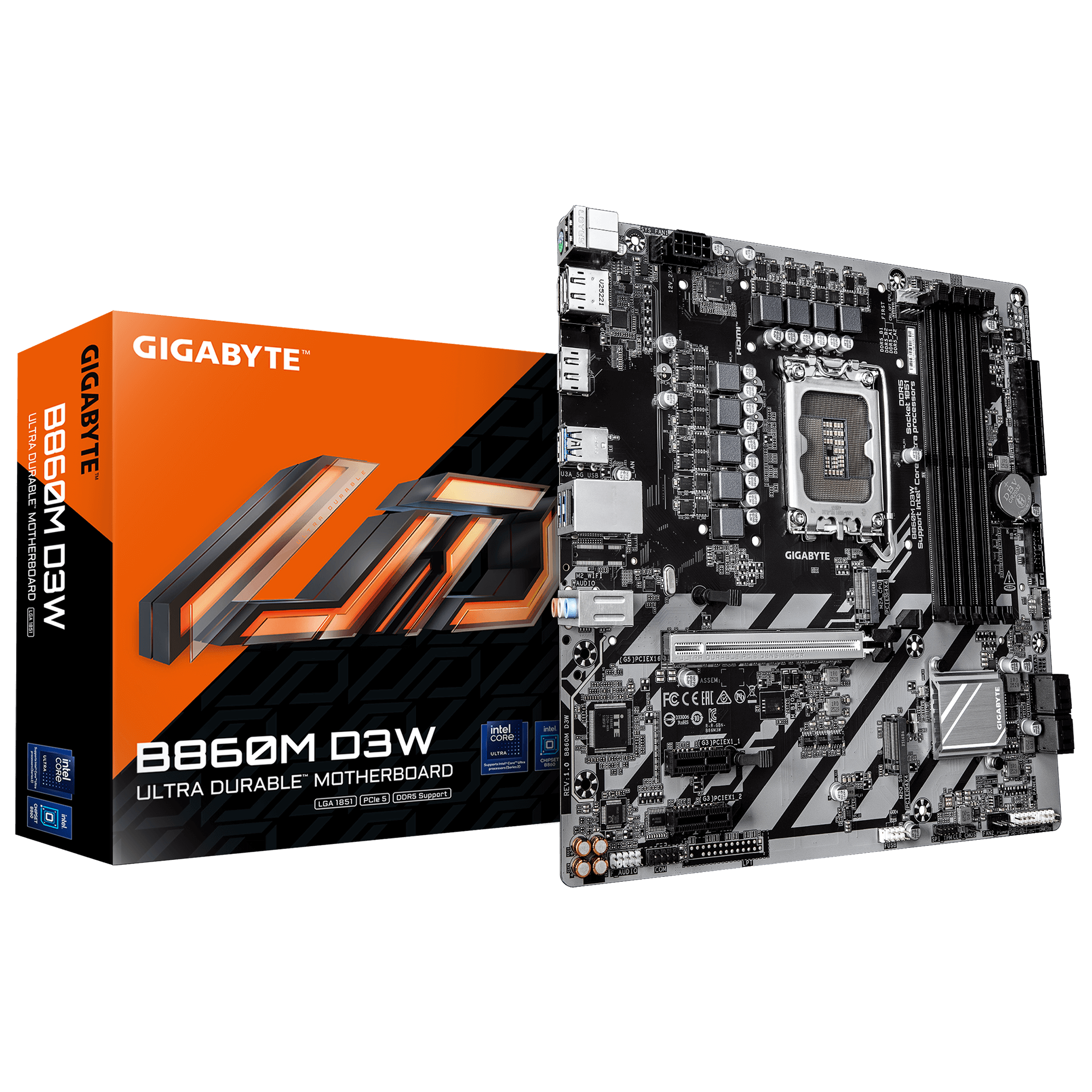 Gigabyte B860M D3W - Processor family Intel - Processor socket LGA1851 - DDR5 - Supported hard disk drive interfaces M.2, SATA - Number of SATA connectors 4