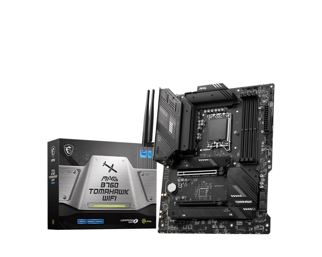 MSI - MAG B760 TOMAHAWK WIFI - Processor family Intel - Processor socket LGA1700 - DDR5 - Supported hard disk drive interfaces SATA, M.2 - Number of SATA connectors 4