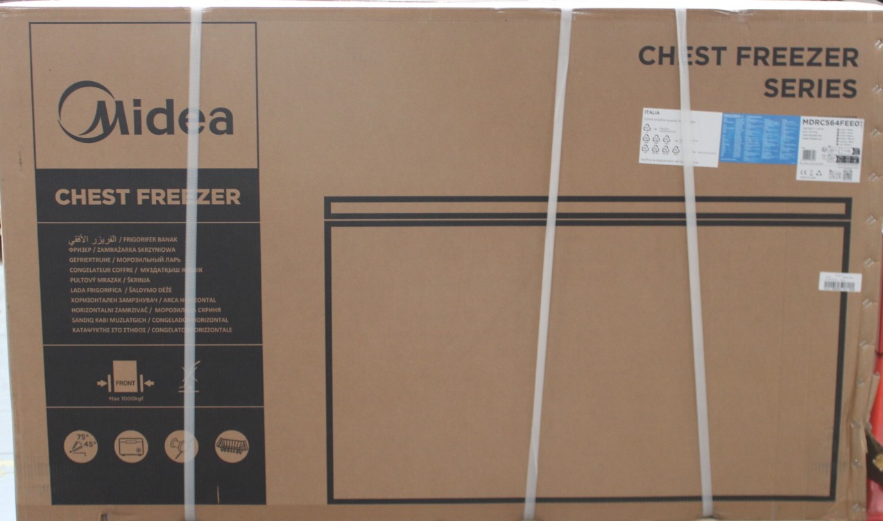SALE OUT. Midea Freezer - MDRC564FEE01 - Energy efficiency class E - Chest - Free standing - Height 82.5 cm - Total net capacity 418 L - White - DAMAGED PACKAGING, TEMPERATURE SCREEN AND PLASTIC COVER. DENTED FRONT, LEFT AND RIGHT SIDES