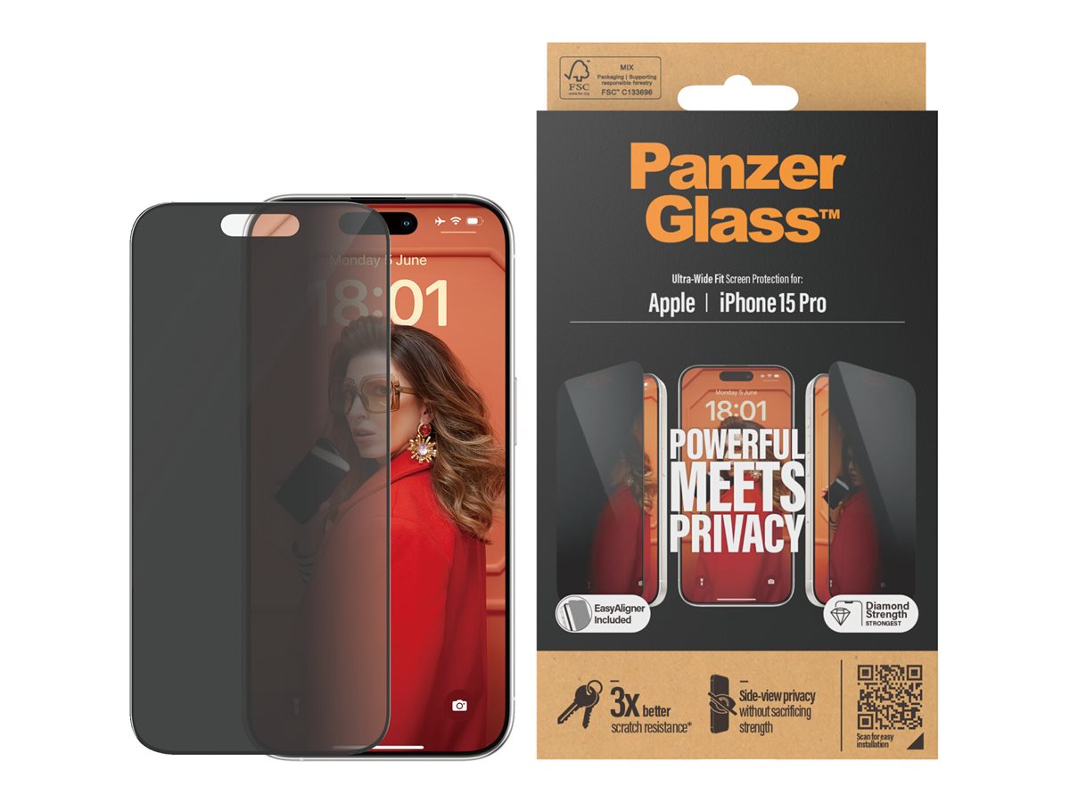 PanzerGlass - Screen protector - Apple - iPhone 15 Pro - Glass - Black - Ultra-Wide Fit w. EasyAligner
