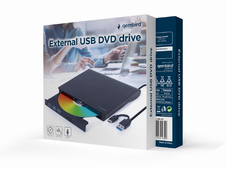 Gembird External USB DVD Drive - DVD-USB-031 - Interface USB Type-C (m), USB 3.1 Gen. 1 - DVD±R/RW / CD±R/RW - CD read speed 24 x - CD write speed 24 x - Black