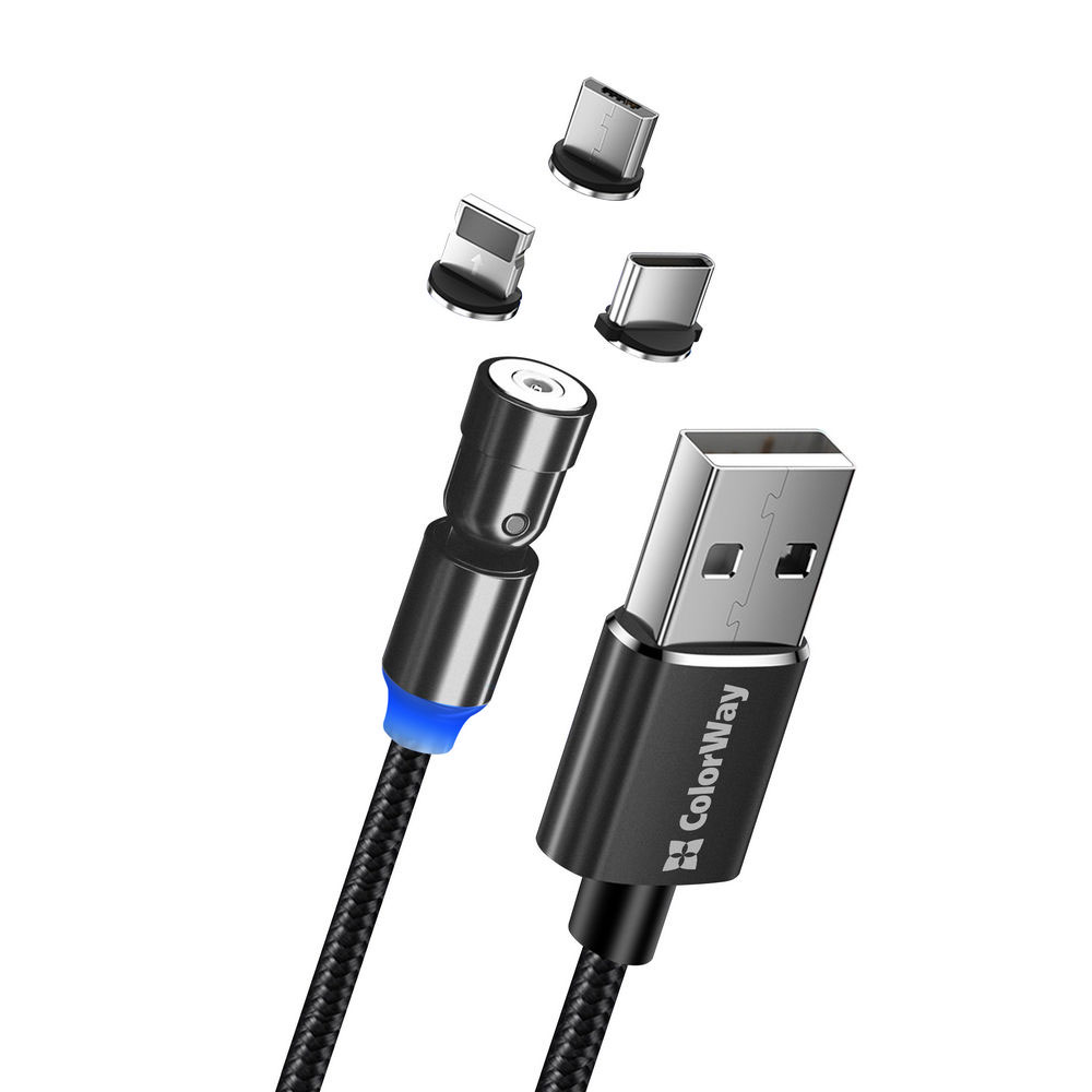 ColorWay Cable 3in1 (Lightning+MicroUSB+Type-C) Magnetic Rotation 540° 2.4А, 1m - CW-CBUU037-BK