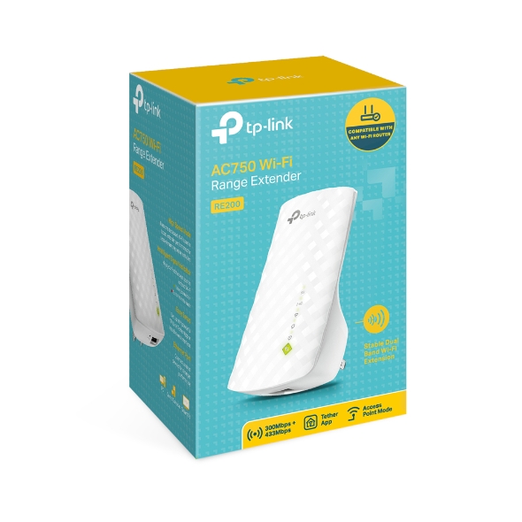 TP-LINK - Extender - RE200 - 802.11ac - 2.4GHz/5GHz - 300+433  Mbit/s - 10/100 Mbit/s - Ethernet LAN (RJ-45) ports 1 - MU-MiMO No - no PoE - Antenna type 3xInternal