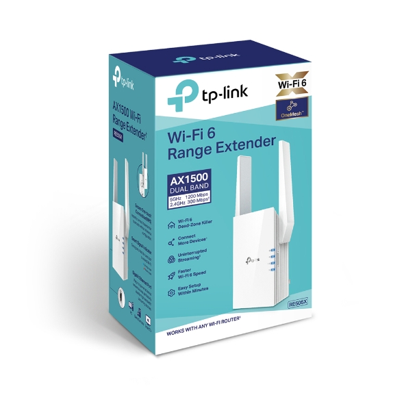 TP-LINK - Extender - RE505X - 802.11ax - 2.4GHz/5GHz - 300+1200 Mbit/s - 10/100/1000 Mbit/s - Ethernet LAN (RJ-45) ports 1 - MU-MiMO No - no PoE - Antenna type 2xExternal