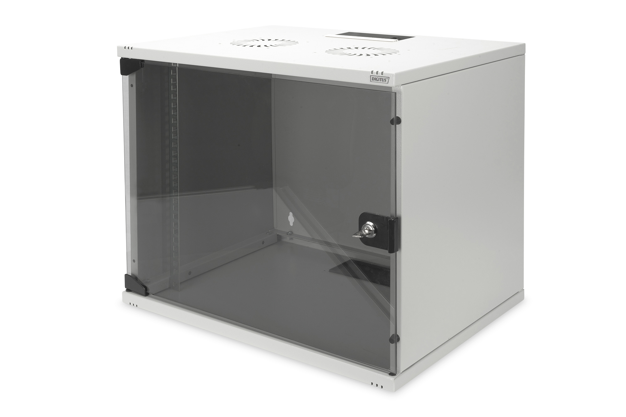 Digitus - 9U wall mounting cabinet - DN-19 09-U-S-1 - Safety class rating IP20. Lockable safety-glass door. 200° door opening angle. Front door: Glass door, single opening. Unmounted 460x540x400 mm. SOHO - Grey