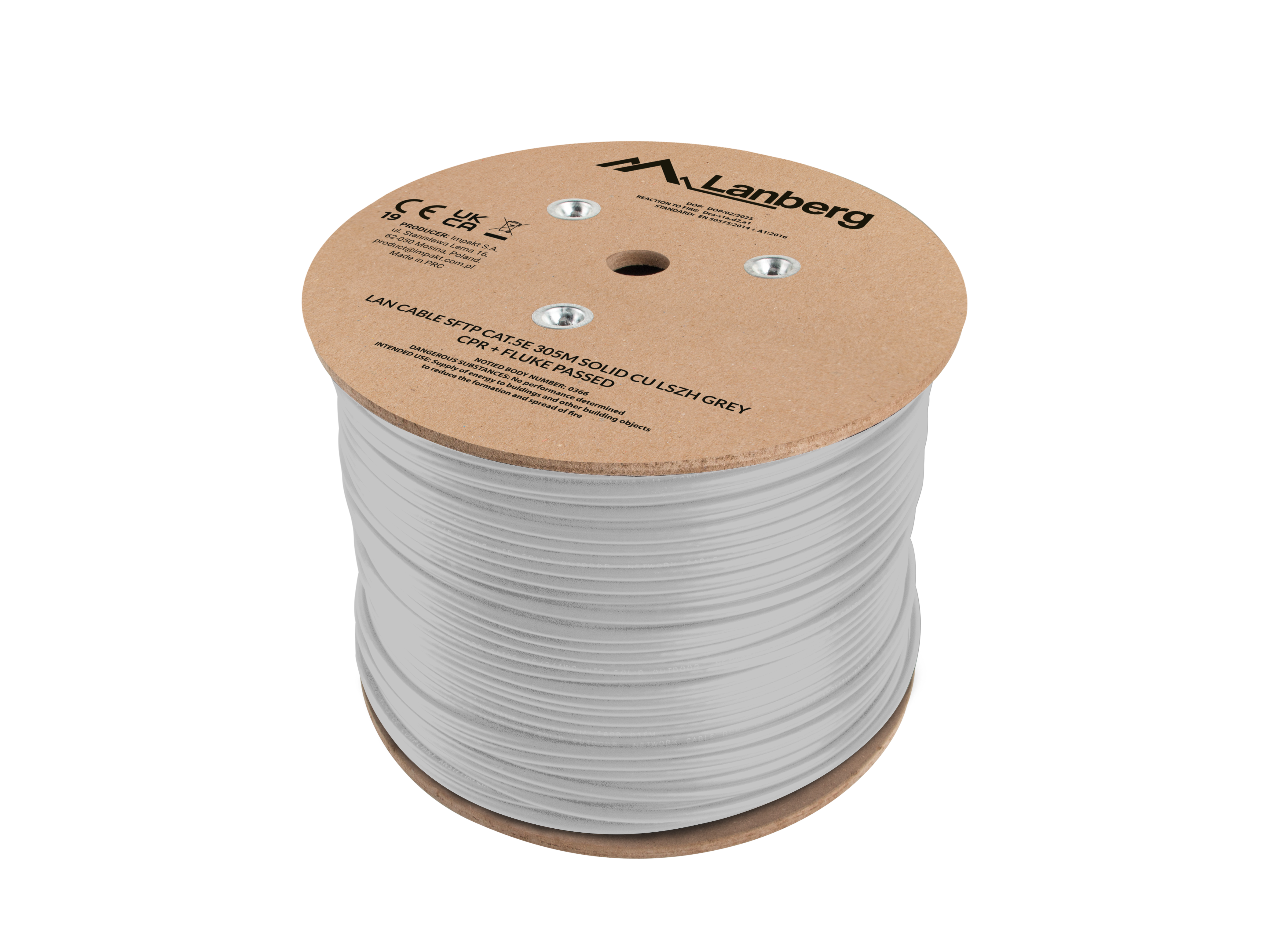 Lanberg Lan Cable Cat.5e SFTP 305M Solid CU LSZH Grey CPR+ Fluke Passed - LCS5L-11CU-0305-S
