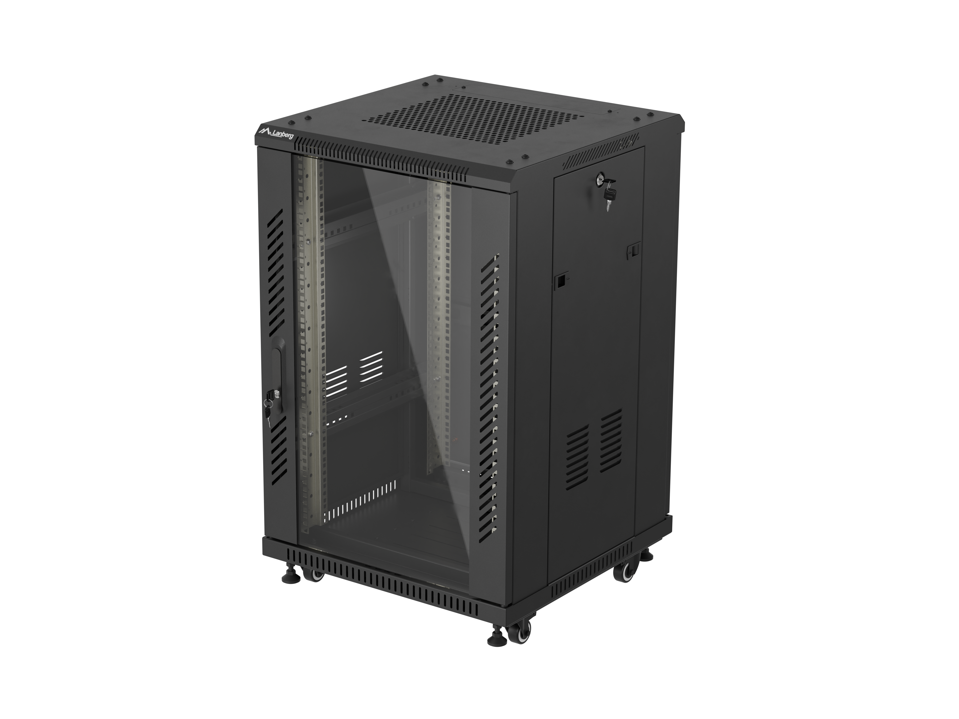 Lanberg Rack cabinet 19" free-standing 18U/600x600 (flat pack) with glass door - IP20 - Black, RAL 9004