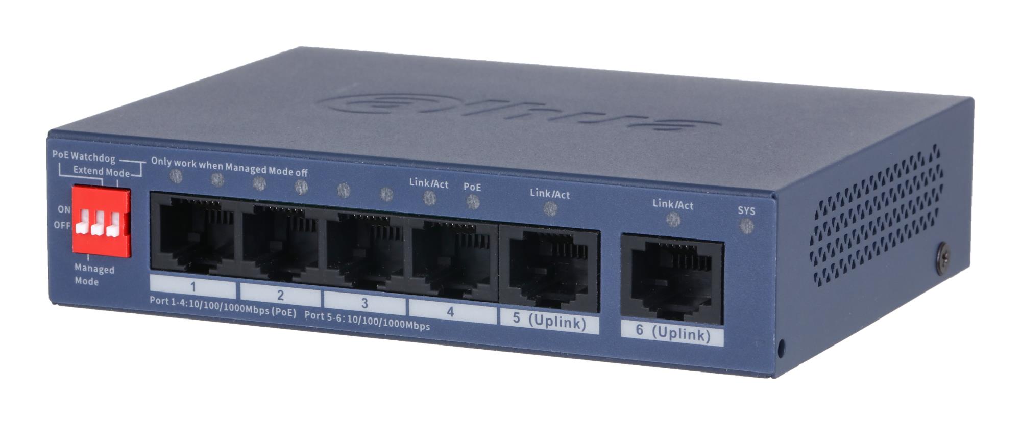 Switch|DAHUA|CS4006-4GT-36|Switch type Managed|Switch layer L2|Form factor Desktop/Wall-Mounting|4xRJ-45 ports|RJ-45 Ports Type Gigabit Ethernet (10/100/1000)|Power over Ethernet (PoE) Yes|4xPower over Ethernet (PoE) ports quantity|Total Power over Ethern