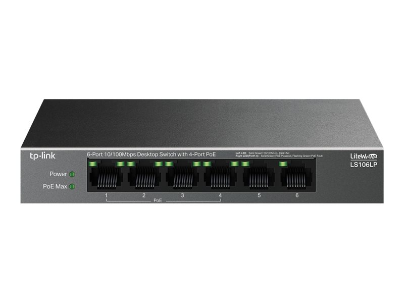 TP-LINK - 6-Port 10/100 Mbps Desktop Switch with 4-Port PoE - LS106LP - Unmanaged - Desktop
