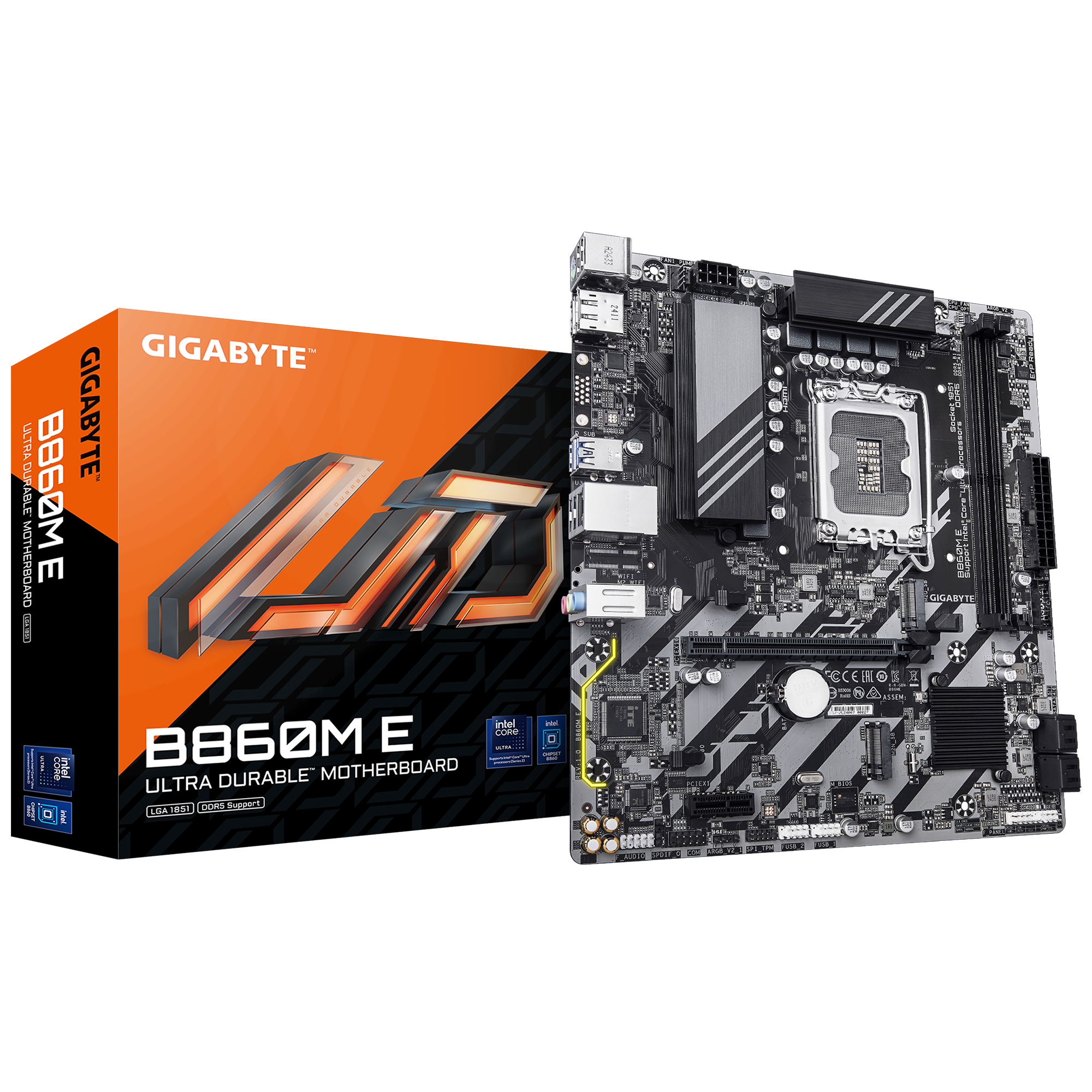 Gigabyte B860M E - Processor family Intel - Processor socket LGA1851 - DDR5 - Supported hard disk drive interfaces SATA, M.2 - Number of SATA connectors 4