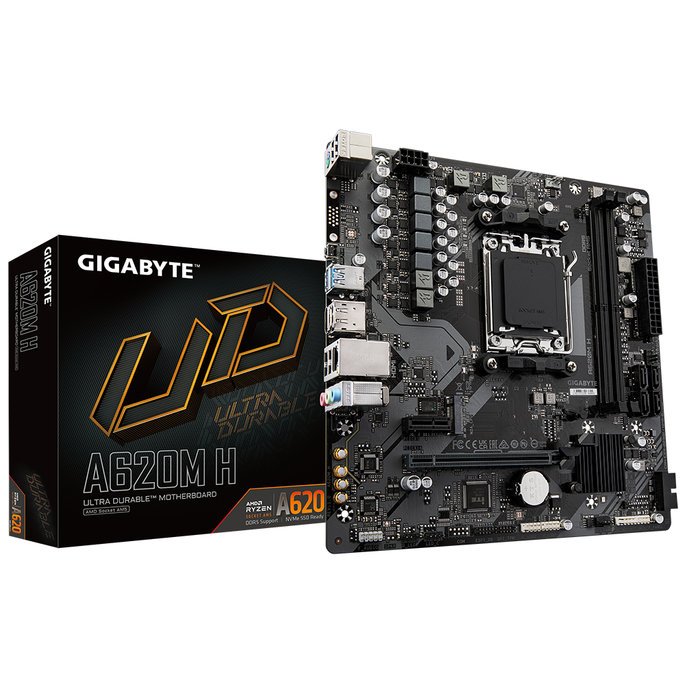 Gigabyte - A620M H 1.0 M/B - Processor family AMD - Processor socket AM5 - DDR5 DIMM - Memory slots 2 - Supported hard disk drive interfaces SATA, M.2 - Number of SATA connectors 4 - Chipset AMD A620 - Micro ATX