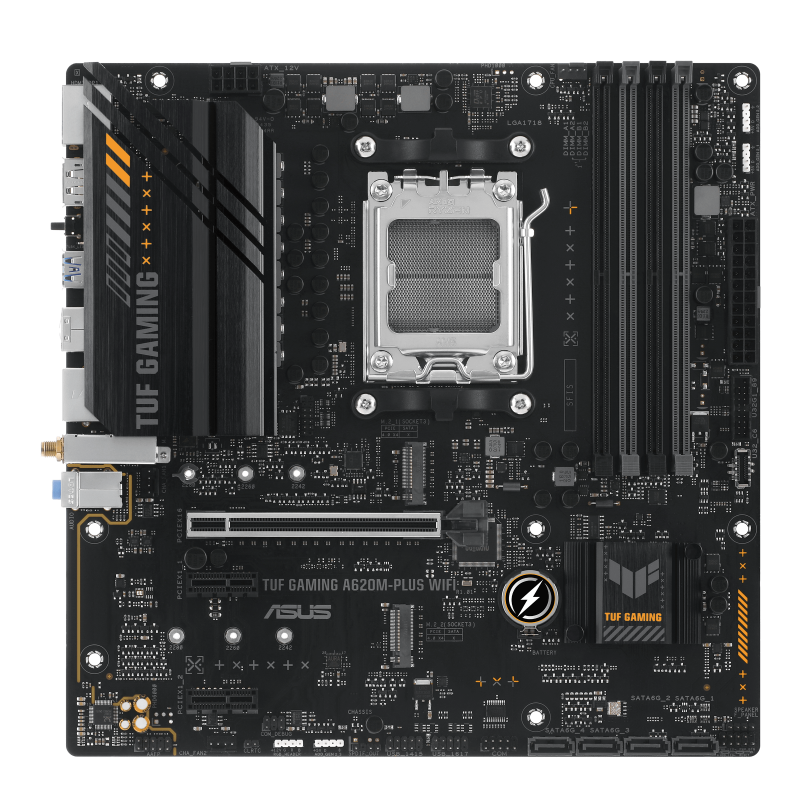 Asus - TUF GAMING A620M-PLUS WIFI - Processor family AMD - Processor socket AM5 - DDR5 DIMM - Memory slots 4 - Supported hard disk drive interfaces 	SATA, M.2 - Number of SATA connectors 4 - Chipset AMD A620 - Micro-ATX