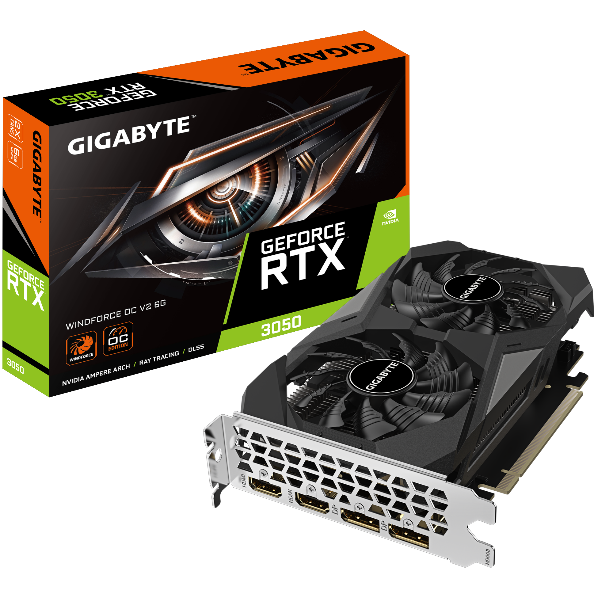 Gigabyte GeForce RTX 3050 WINDFORCE OC V2 6G - NVIDIA - 6 GB - GeForce RTX 3050 - GDDR6 - HDMI ports quantity 2 - PCI-E 4.0 - Memory clock speed 14000 MHz