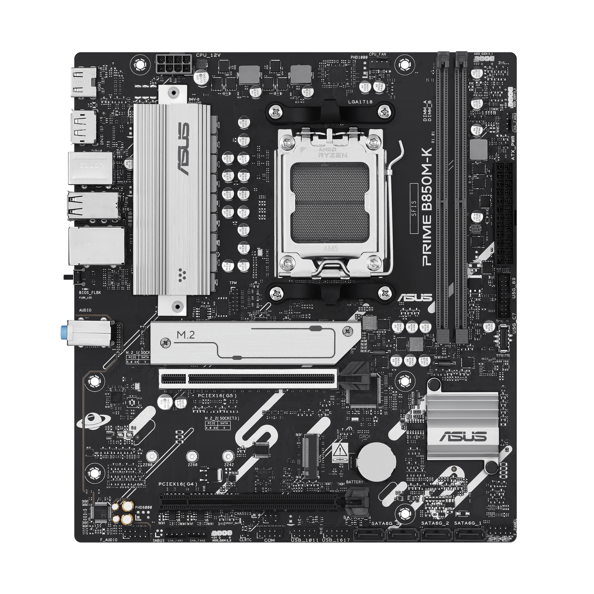 Asus PRIME B850M-K - Processor family AMD - Processor socket AM5 - DDR5 - Supported hard disk drive interfaces SATA, M.2 - Number of SATA connectors 4