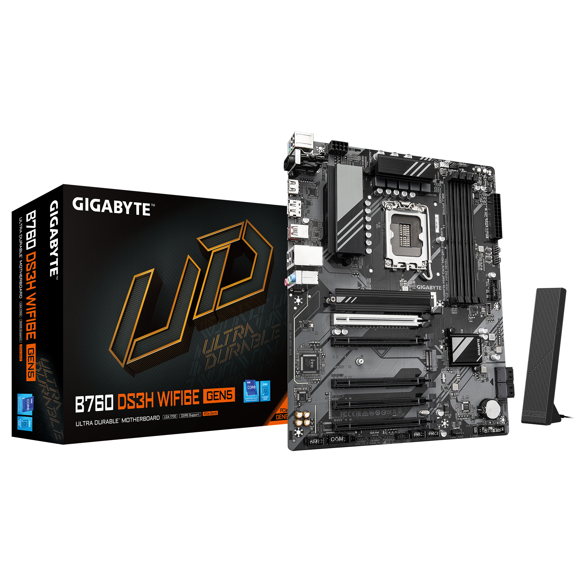 Gigabyte B760 DS3H WF6E GEN5 - Processor family Intel - Processor socket LGA1700 - DDR5 - Supported hard disk drive interfaces M.2, SATA - Number of SATA connectors 4