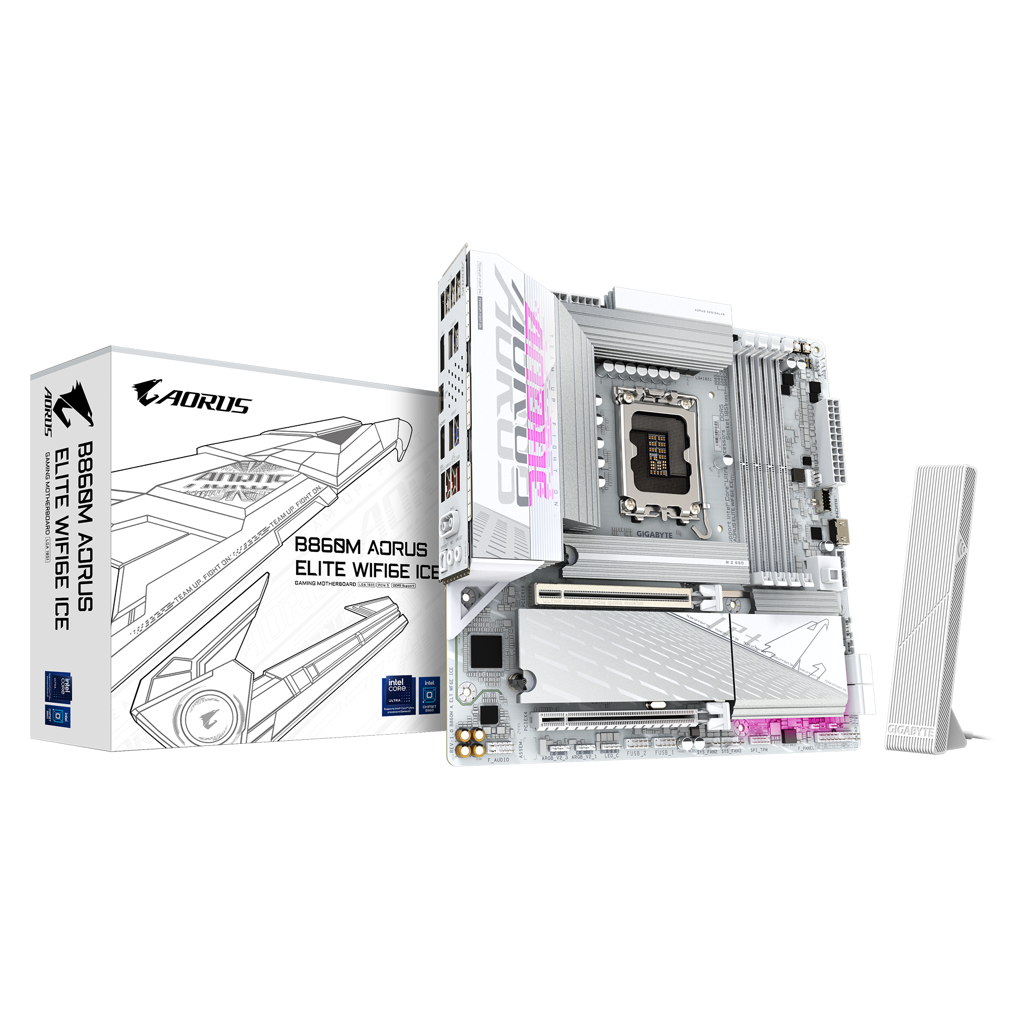 Gigabyte B860M AORUS ELITE WIFI6E ICE - Processor family Intel - Processor socket LGA1851 - DDR5 - Supported hard disk drive interfaces SATA, M.2 - Number of SATA connectors 4