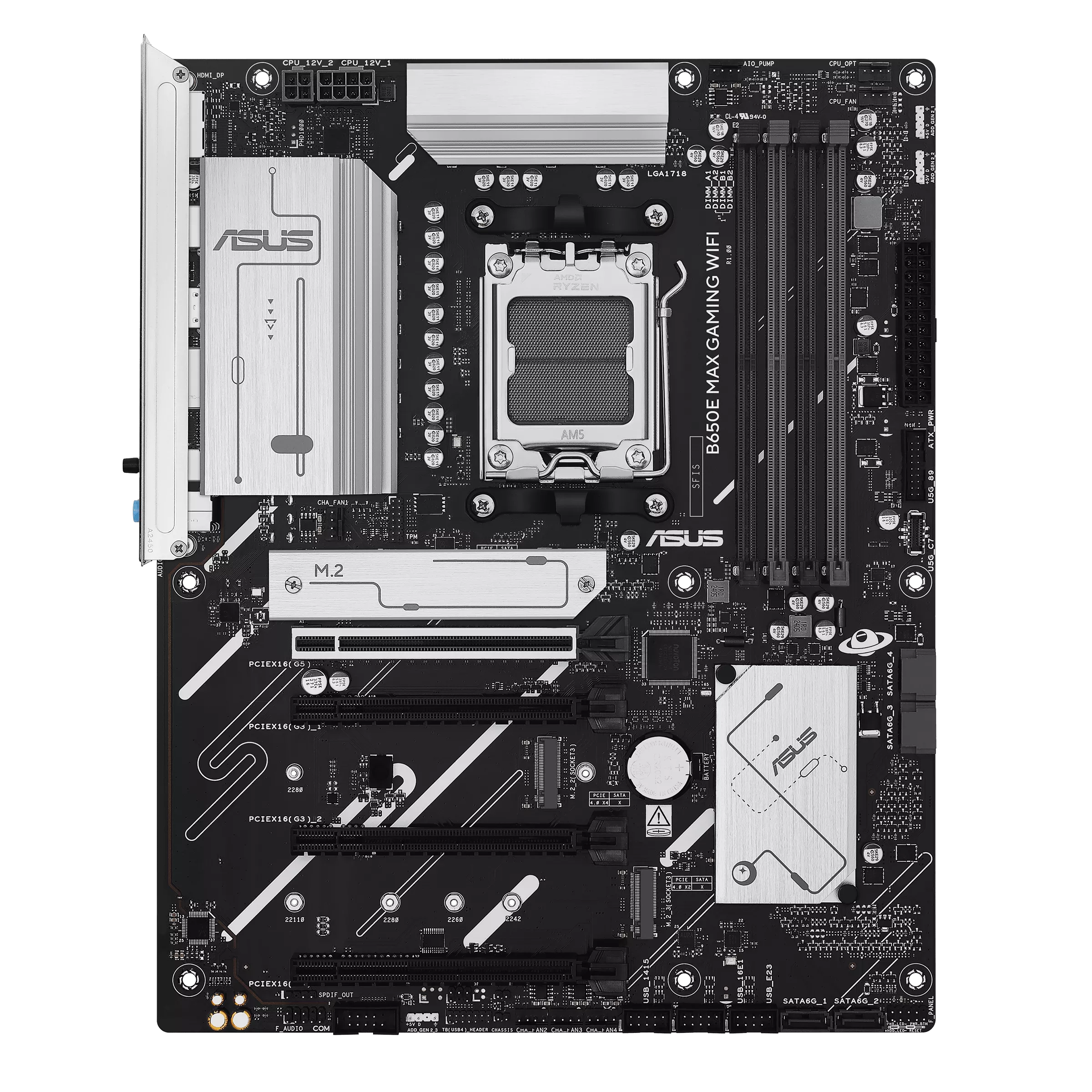 Asus B650E MAX GAMING WIFI - Processor family AMD - Processor socket AM5 - DDR5 - Supported hard disk drive interfaces SATA, M.2 - Number of SATA connectors 4