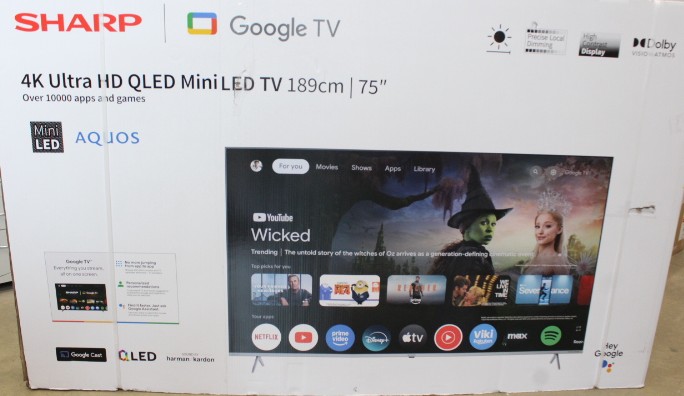 SALE OUT. Sharp 75JP7265E 75" (189cm) 4K Ultra HD QLED MiniLED Google TV, HARMAN/KARDON Speaker System - SALE OUT. Sharp 4K QLED TV - 75JP7265E - 75 - Smart TV - Google TV - UHD - DAMAGED PACKAGING