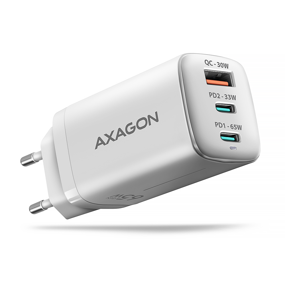 AXAGON GaN wallcharger 3x port (USB-A + 2x USB-C), PD3.0/PPS/QC4+/SFC2.0/AFC/SCP/FCP/Apple, 65W - ACU-DPQ65W