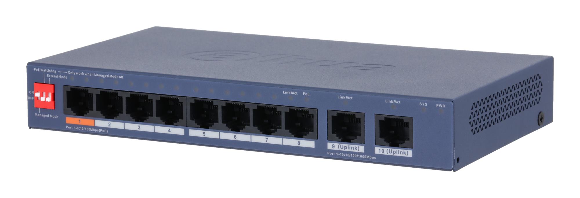 Switch|DAHUA|DH-CS4010-8ET2GT-60|Switch layer L2|8xRJ-45 ports|RJ-45 Ports Type Fast Ethernet (10/100)|2xGigabit Ethernet (copper) ports quantity|8xPower over Ethernet (PoE) ports quantity|Total Power over Ethernet (PoE) budget 60 W|CS4010-8ET2GT-60