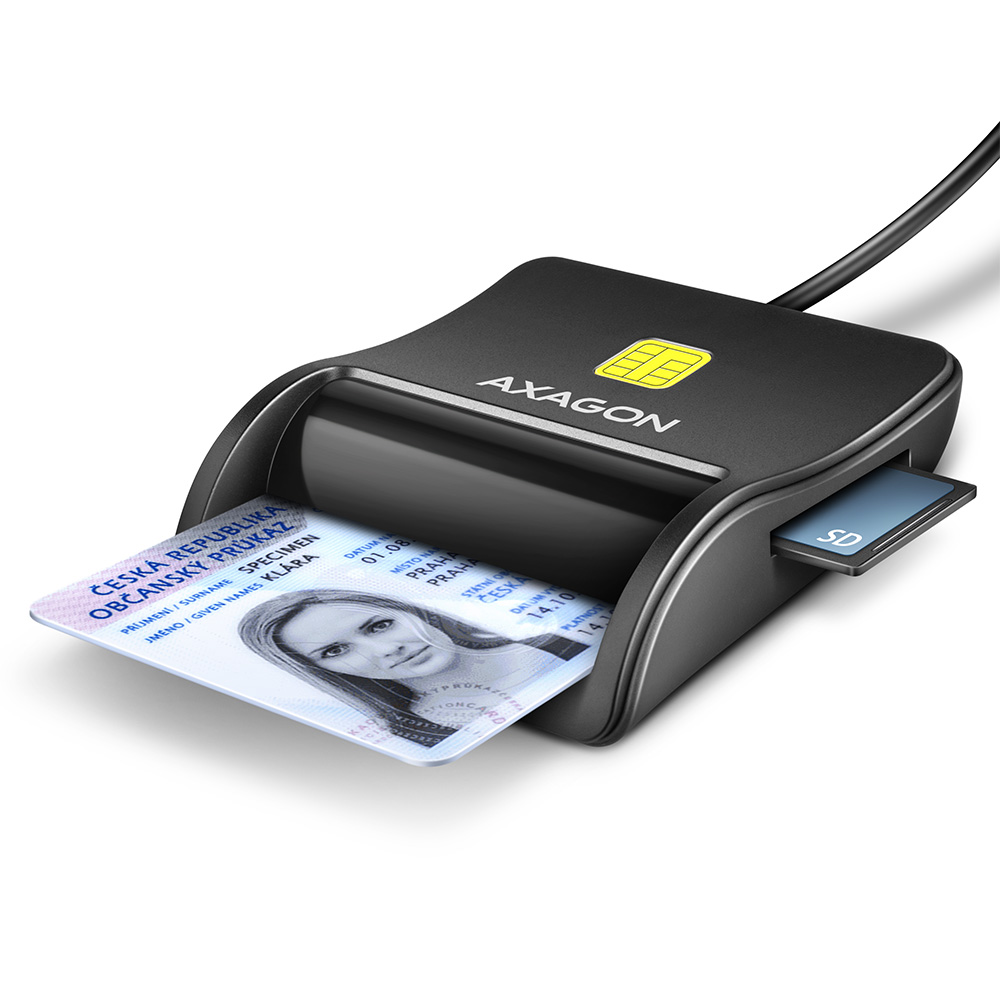 AXAGON Compact desktop USB contact Smart/ID & SD/microSD/SIM card reader with long, USB-A cable - CRE-SM3SD