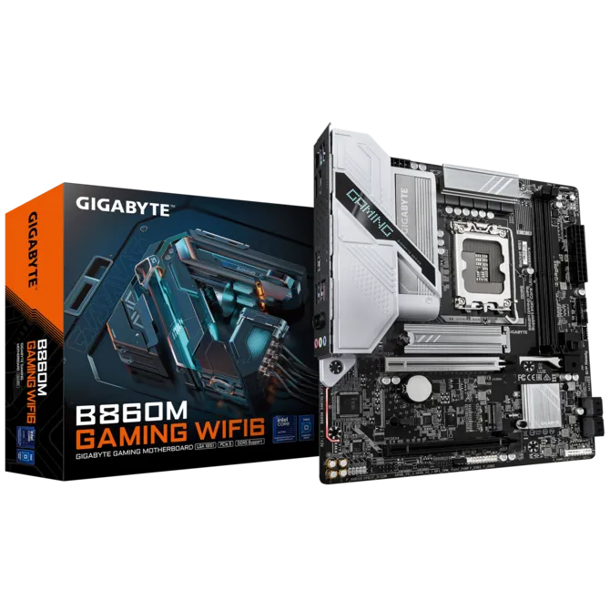Gigabyte B860M GAMING WIFI6 - Processor family Intel - Processor socket LGA1851 - DDR5 - Supported hard disk drive interfaces M.2, SATA - Number of SATA connectors 4