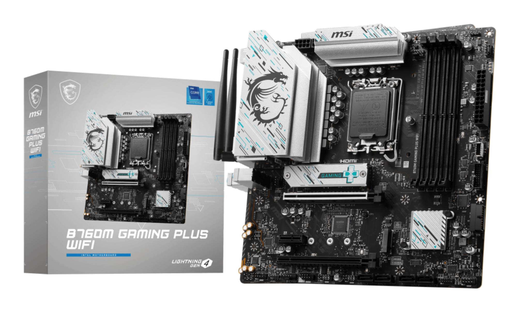 Mainboard|MSI|Intel B760 Express|LGA1700|Micro-ATX|Memory DDR5|Memory slots 4|1xPCI-Express 3.0 1x|1xPCI-Express 4.0 4x	|1xPCI-Express 4.0 16x|2xM.2|2xHDMI|2xDisplayPort|2xUSB 2.0|4xUSB 3.2|1xPS/2|1xRJ45|3xAudio port|B760MGAMINGPLUSWIFI