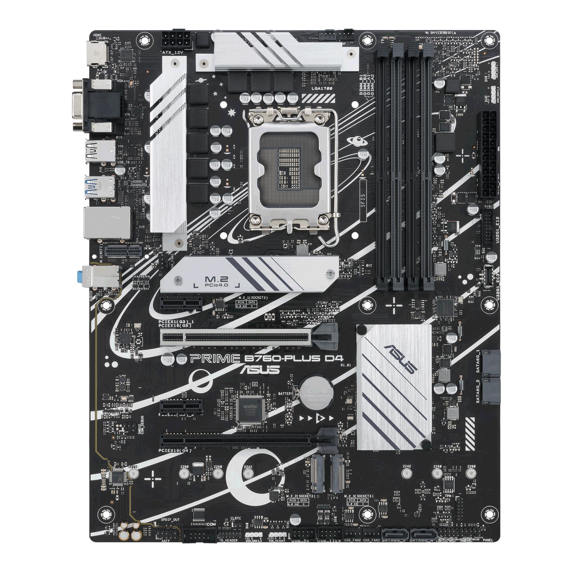 Mainboard|ASUS|Intel B760 Express|LGA1700|ATX|Memory DDR4|Memory slots 4|2xPCI-Express 3.0 1x|1xPCI-Express 4.0 16x|1xPCI-Express 5.0 16x|3xM.2|1x15pin D-sub|1xHDMI|1xDisplayPort|2xUSB 2.0|3xUSB 3.2|1xUSB-C|1xRJ45|3xAudio port|PRIMEB760-PLUSD4