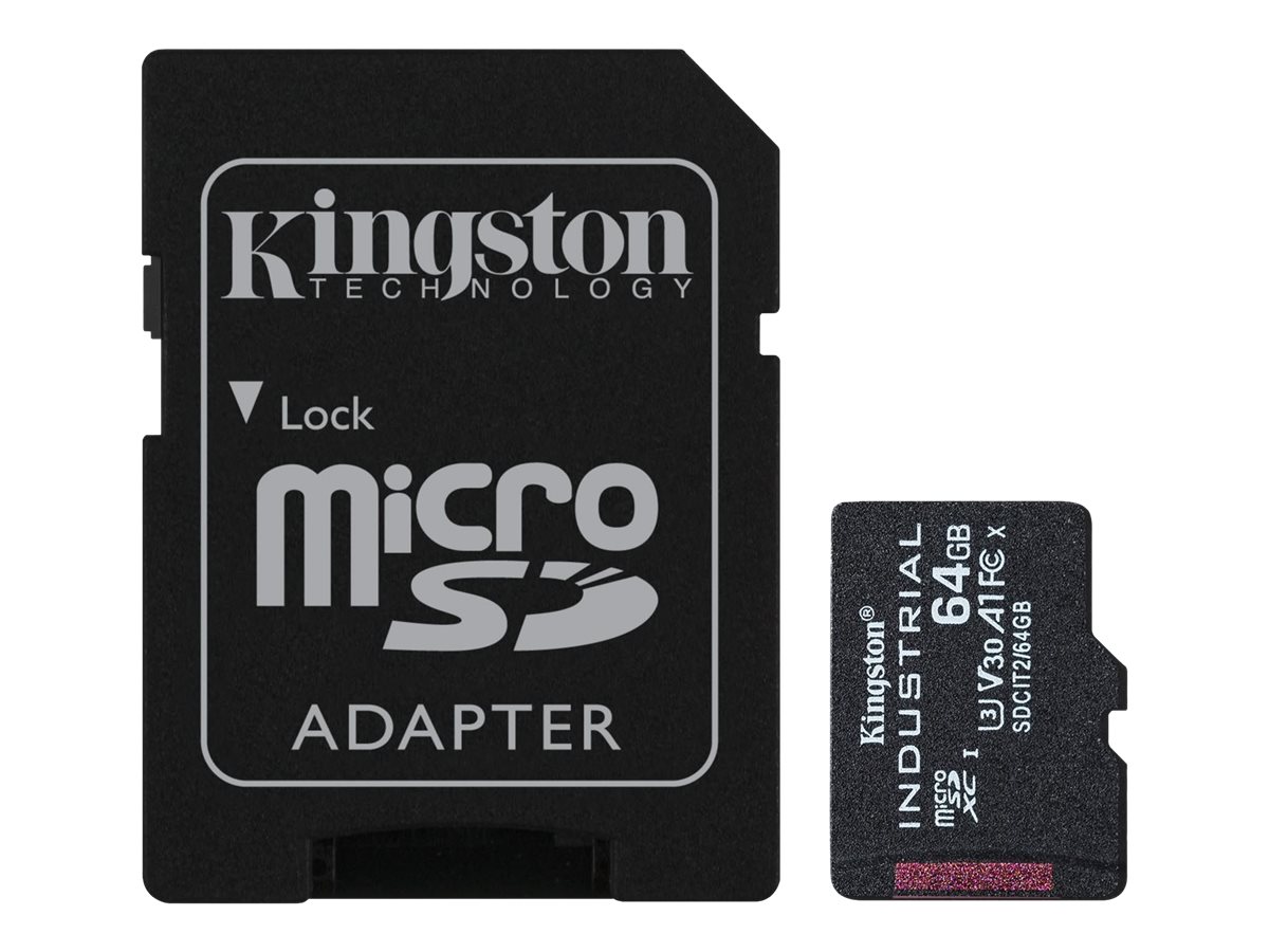 Kingston - UHS-I - 64 GB - microSDHC/SDXC Industrial Card - Flash memory class Class 10, UHS-I, U3, V30, A1 - SD Adapter